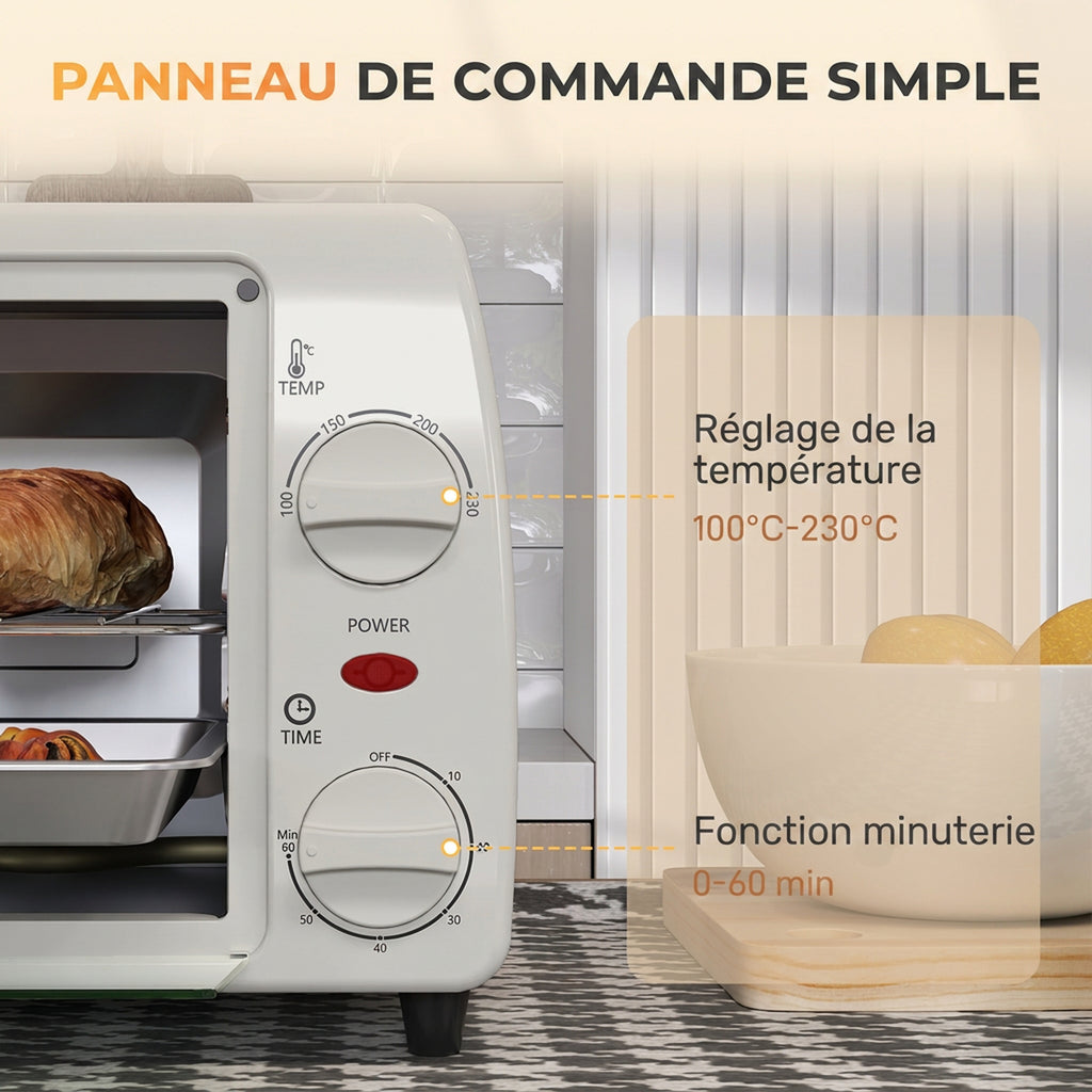 Mini four électrique 10L 1 grille et 1 plateau température réglable de 100°C à 230°C Minuteur 60 min 36,5x26x22 cm crème-6