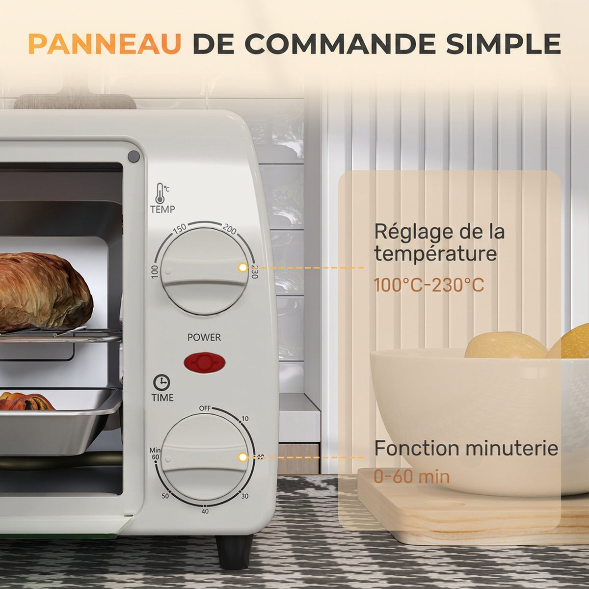 Mini four électrique 10L 1 grille et 1 plateau température réglable de 100°C à 230°C Minuteur 60 min 36,5x26x22 cm crème-6
