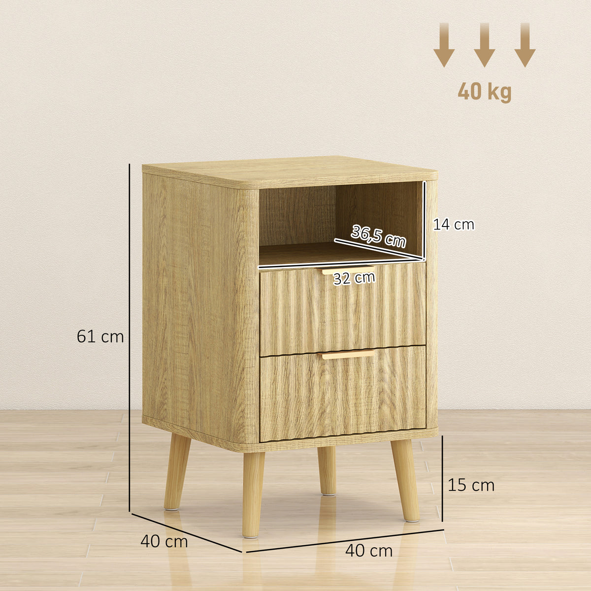 Lot de 2 tables de chevet, tables de nuit avec 2 tiroirs et compartiment ouvert, coins arrondis, 40 x 40 x 61 cm, chêne-2