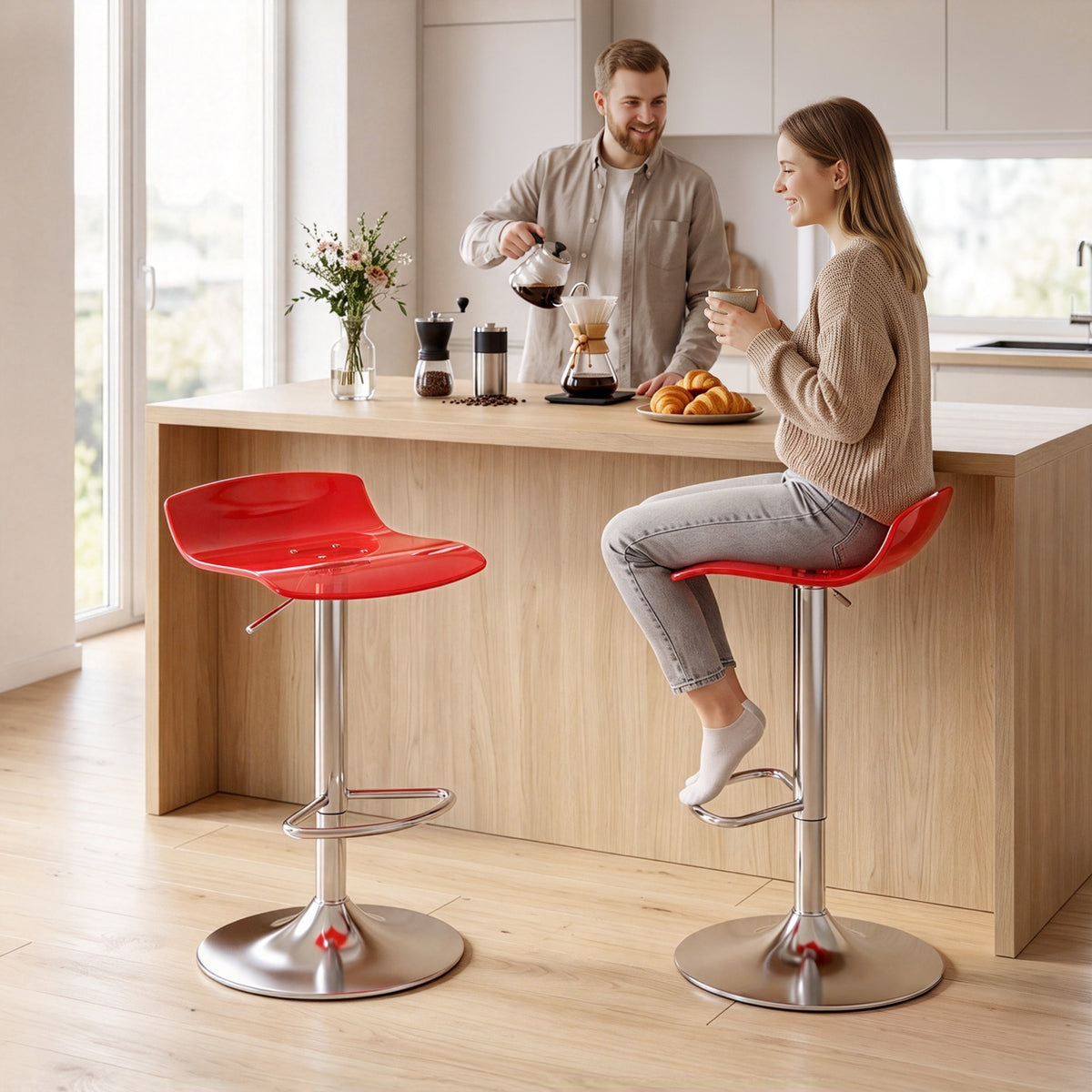 Lot de 2 tabourets de bar design contemporain pivotant 360° hauteur réglable avec repose-pieds 39x39x67-87cm rouge-7