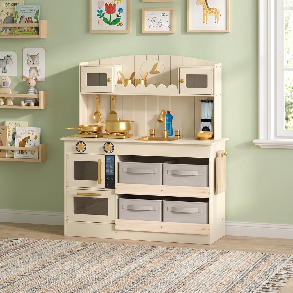 Cuisine Enfant, Cuisine en Bois Enfant Dinette, Effet Lumières et Sons, 4 Bacs en Tissu, 12 Accessoires, 3-6 Ans, Crème-1