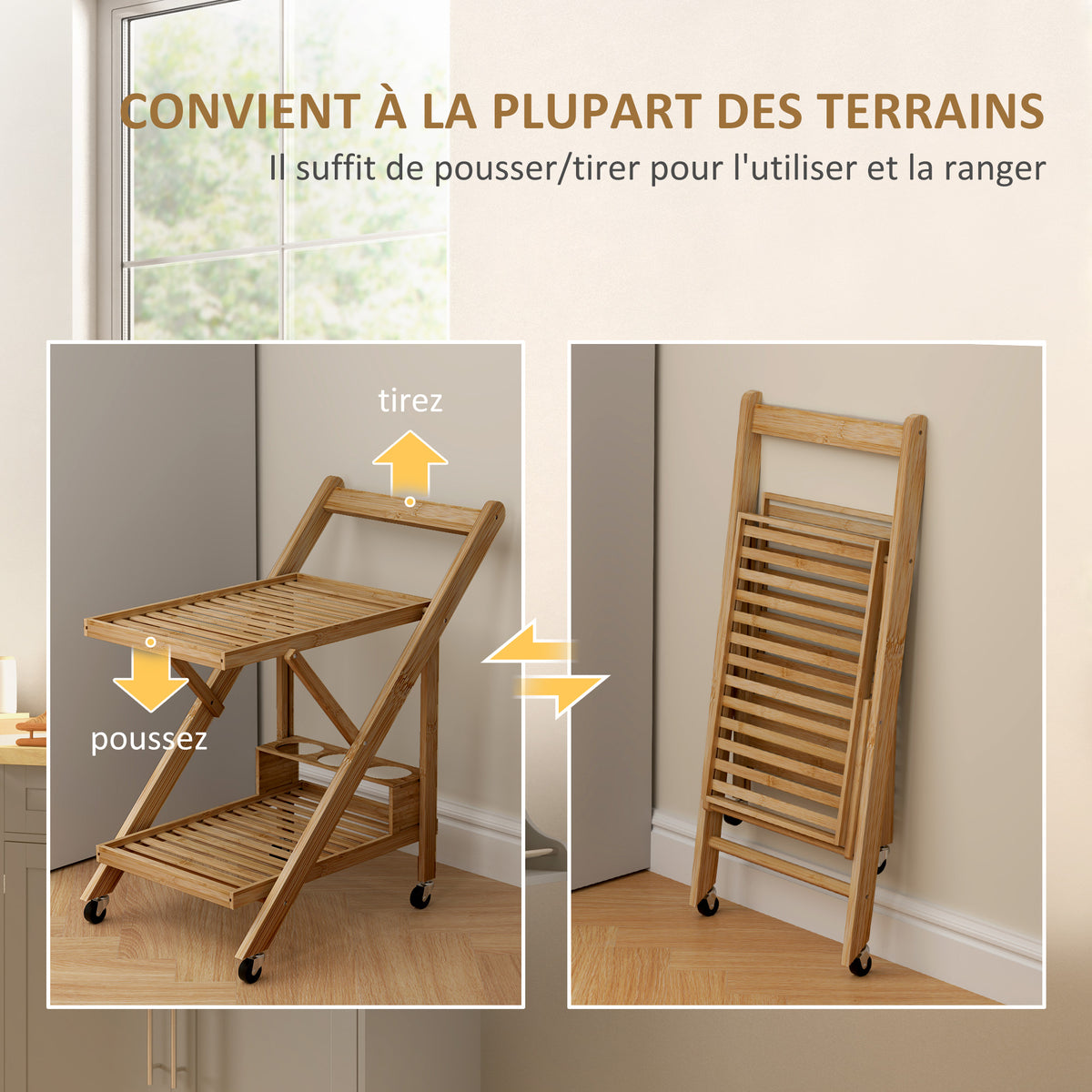 Desserte de cuisine en bambou chariot de service pliable 2 plateaux 4 roues 3 casiers à vin 66 x 40 x 70 cm bois naturel-4