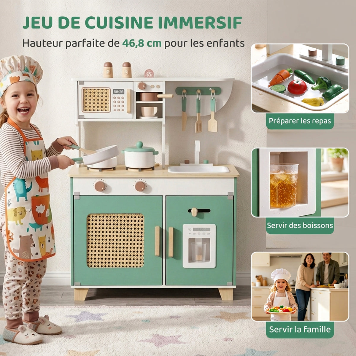 Cuisine Enfant en Bois 19 Accessoires, Cafetière, Machine à Glaçons, Micro-Ondes, Placard, 3-6 Ans, 61x27x79,7cm, Vert-3