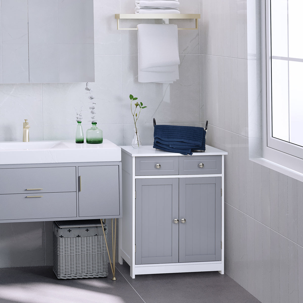 Meuble de salle de bain meuble de rangement 2 tiroirs placard double porte et étagère réglable 60 x 30 x 75 cm gris-1