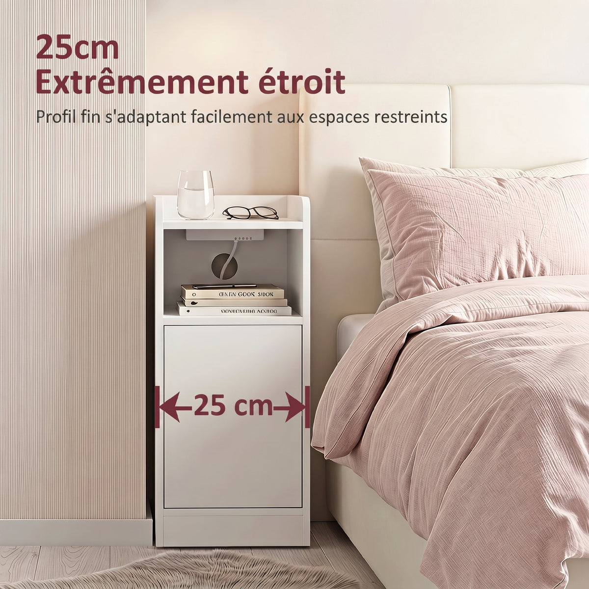 Lot de 2 tables de chevet avec station de charge, tables de nuit avec compartiment ouvert, étagère réglable, blanc-3