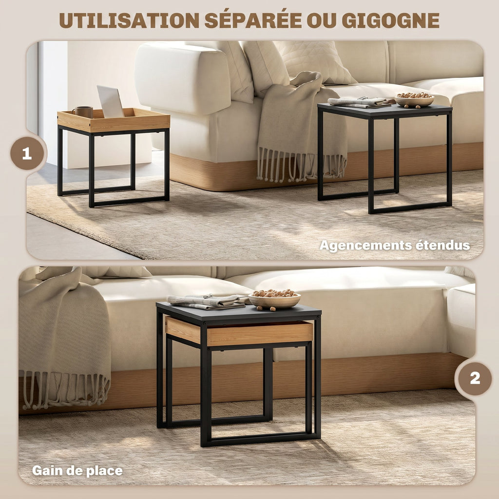Lot de 2 tables basses gigognes carrées, tables gigognes de salon avec cadre en acier, style moderne, noir-3