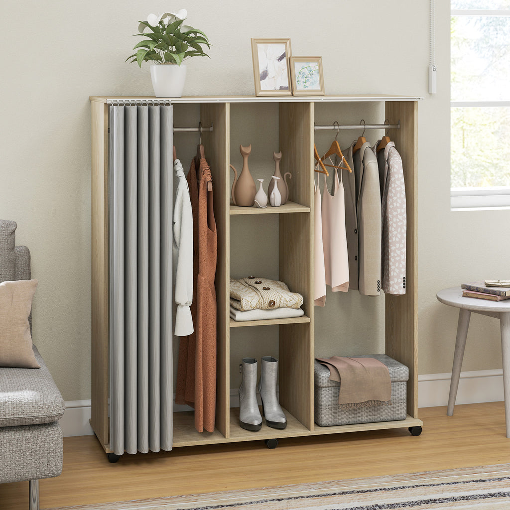 Armoire penderie Meuble de Rangement Mobile 6 roulettes 120L x 40l x 128H cm en bois naturel-6
