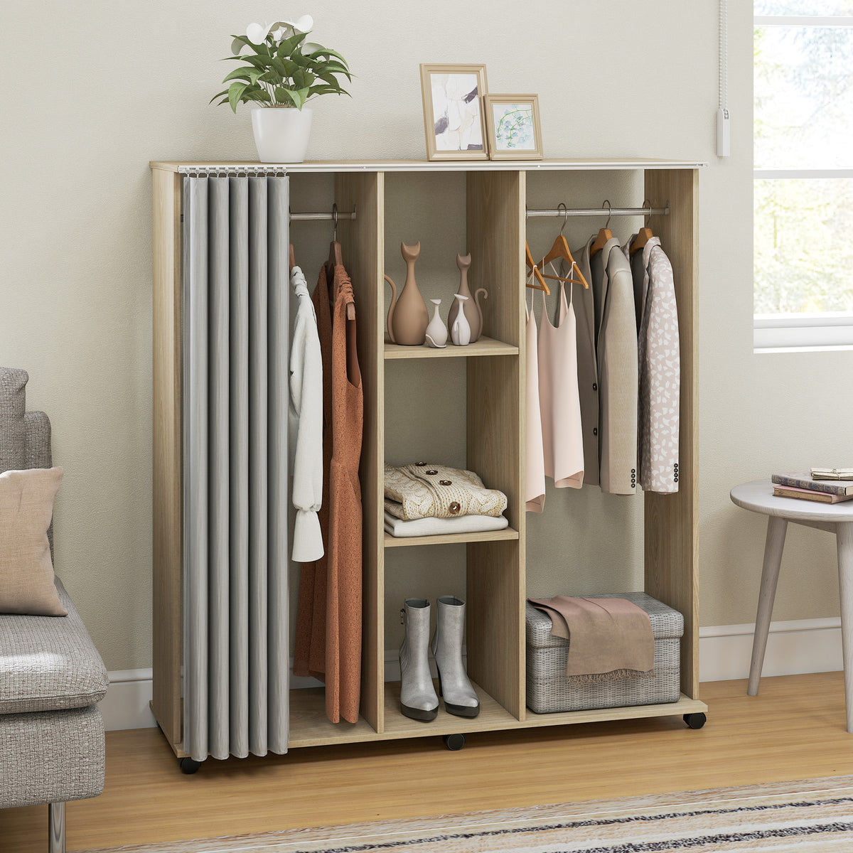 Armoire penderie Meuble de Rangement Mobile 6 roulettes 120L x 40l x 128H cm en bois naturel-6