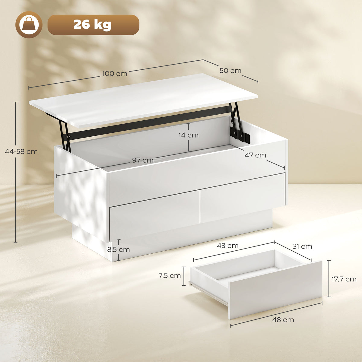 Table basse relevable, table de salon avec compartiment caché et 2 tiroirs, 100 x 50 x 44 cm, blanc-2