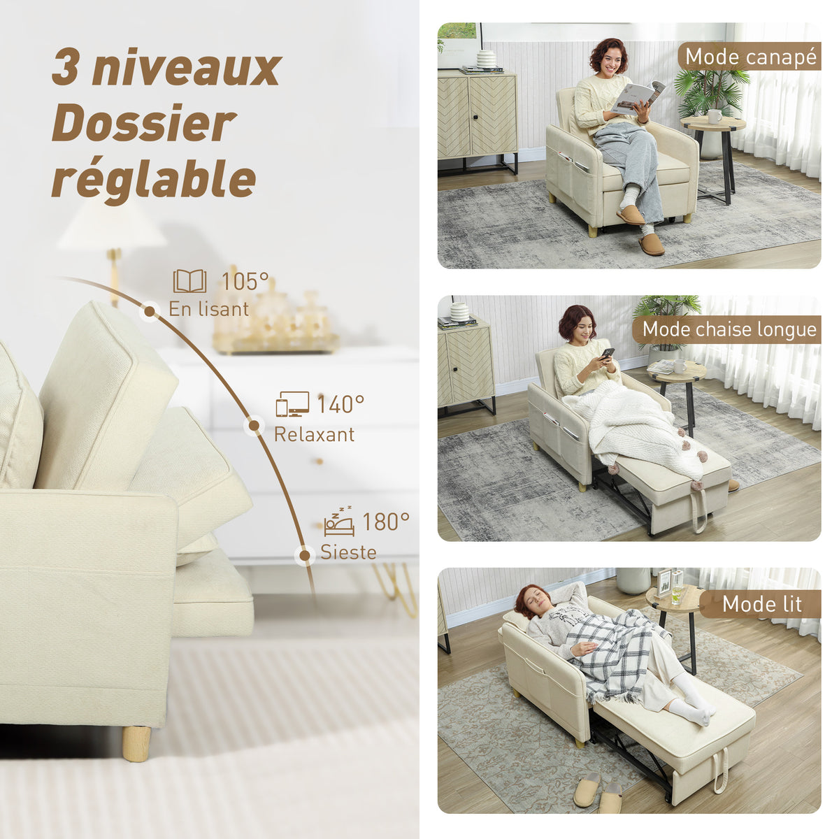 Fauteuil Convertible 1 Place, Fauteuil-Lit Clic-Clac 3 en 1 Rembourré en Velours Grain Maïs, Dossier Réglable, Beige-4