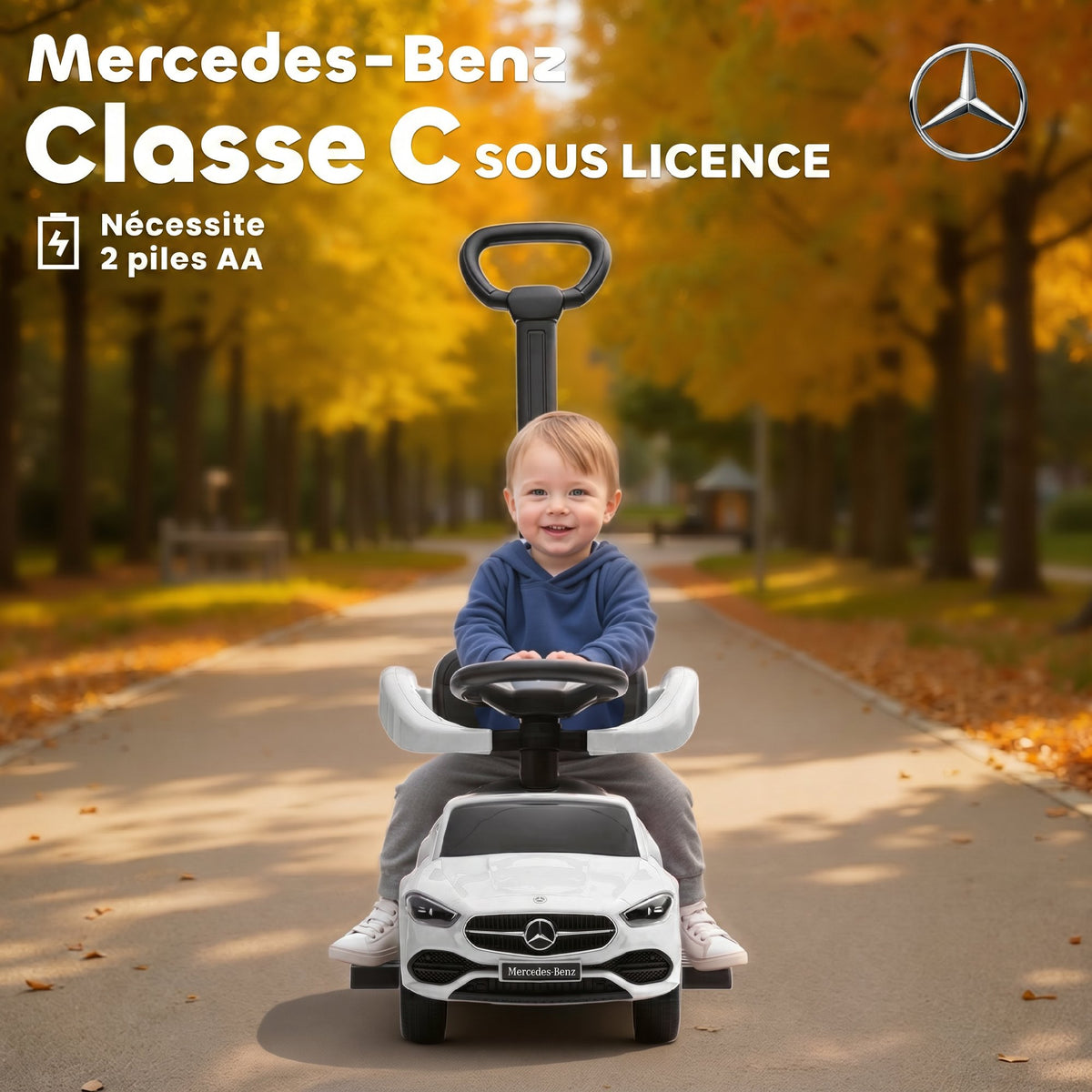 Porteur Enfants Mercedes-Benz sous Licence, Porteur Voiture à Pousser avec Poignée Amovible, 91 x 40 x 83 cm, Blanc-4