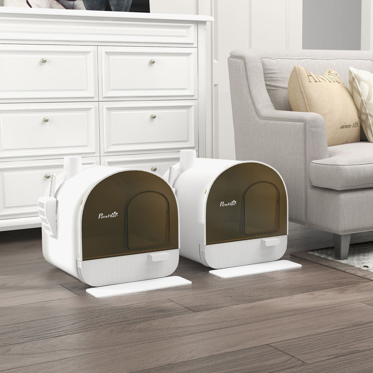 Lot de 2 bacs à litière pour chat maison de toilette porte battante, pelle et filtre inclus dim. 43L x 44l x 47H cm-1