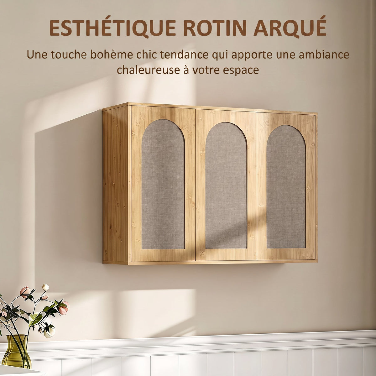 Armoire murale de salle de bain bohème avec 3 portes effet rotin à fermeture douce et étagère réglable, chêne-3
