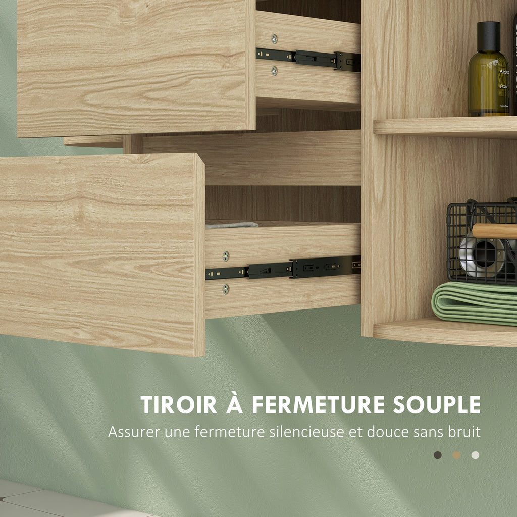 Meuble sous lavabo salle de bain suspendu meuble sous vasque avec tiroirs à fermeture douce et étagères, marron-5