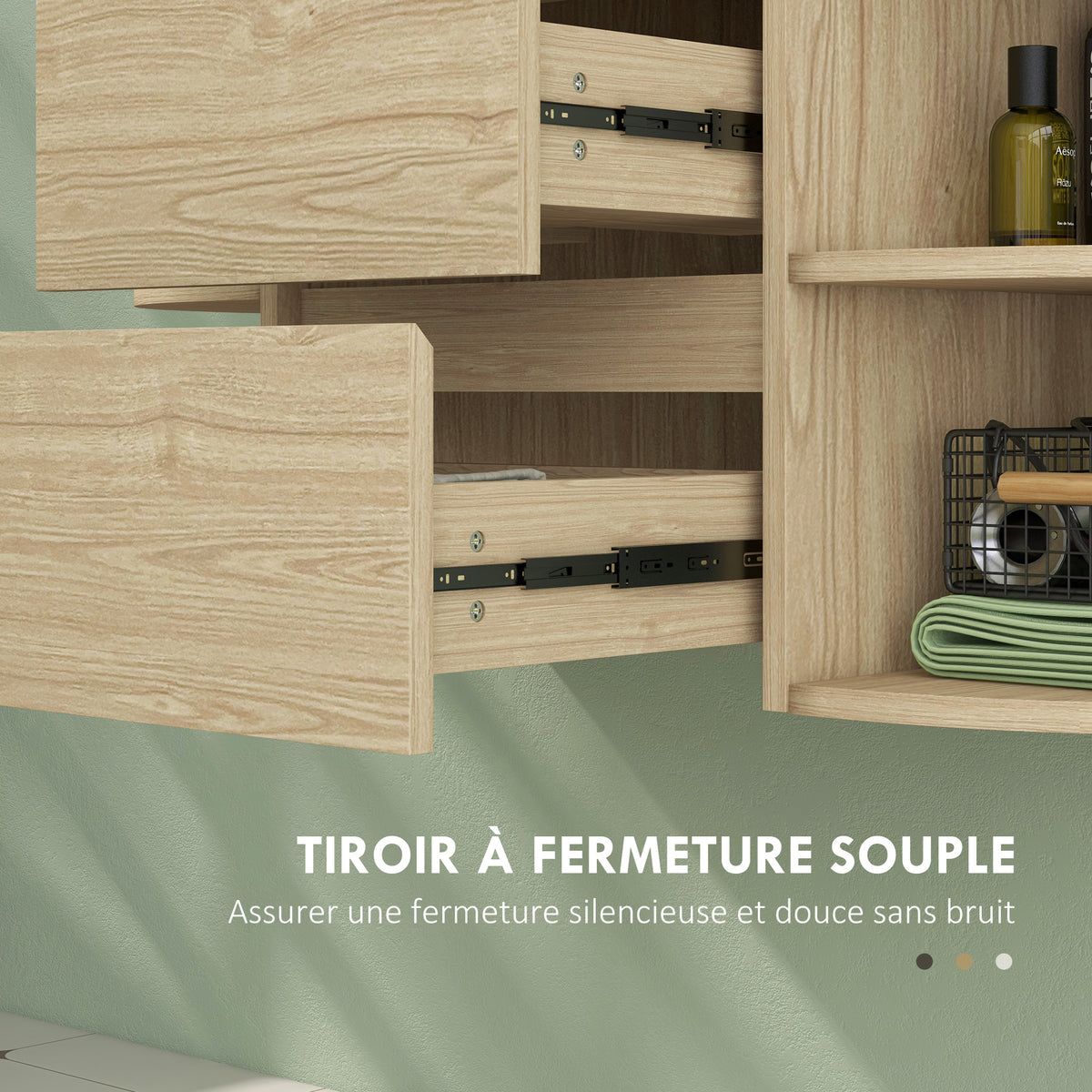 Meuble sous lavabo salle de bain suspendu meuble sous vasque avec tiroirs à fermeture douce et étagères, marron-5