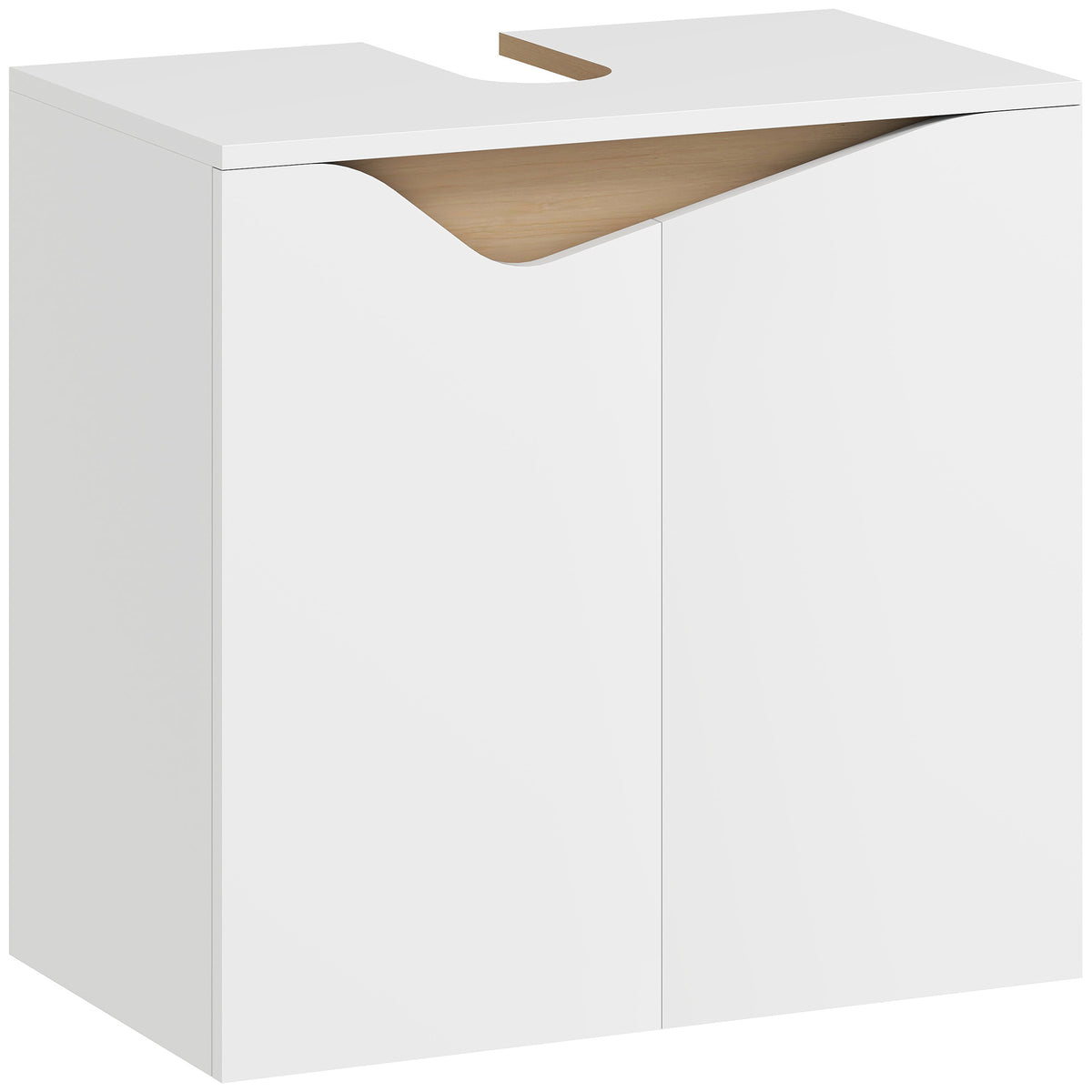 Meuble sous lavabo, meuble de salle de bain avec 2 portes à fermeture douce, 60 x 35 x 57,9 cm, blanc et bois naturel-0