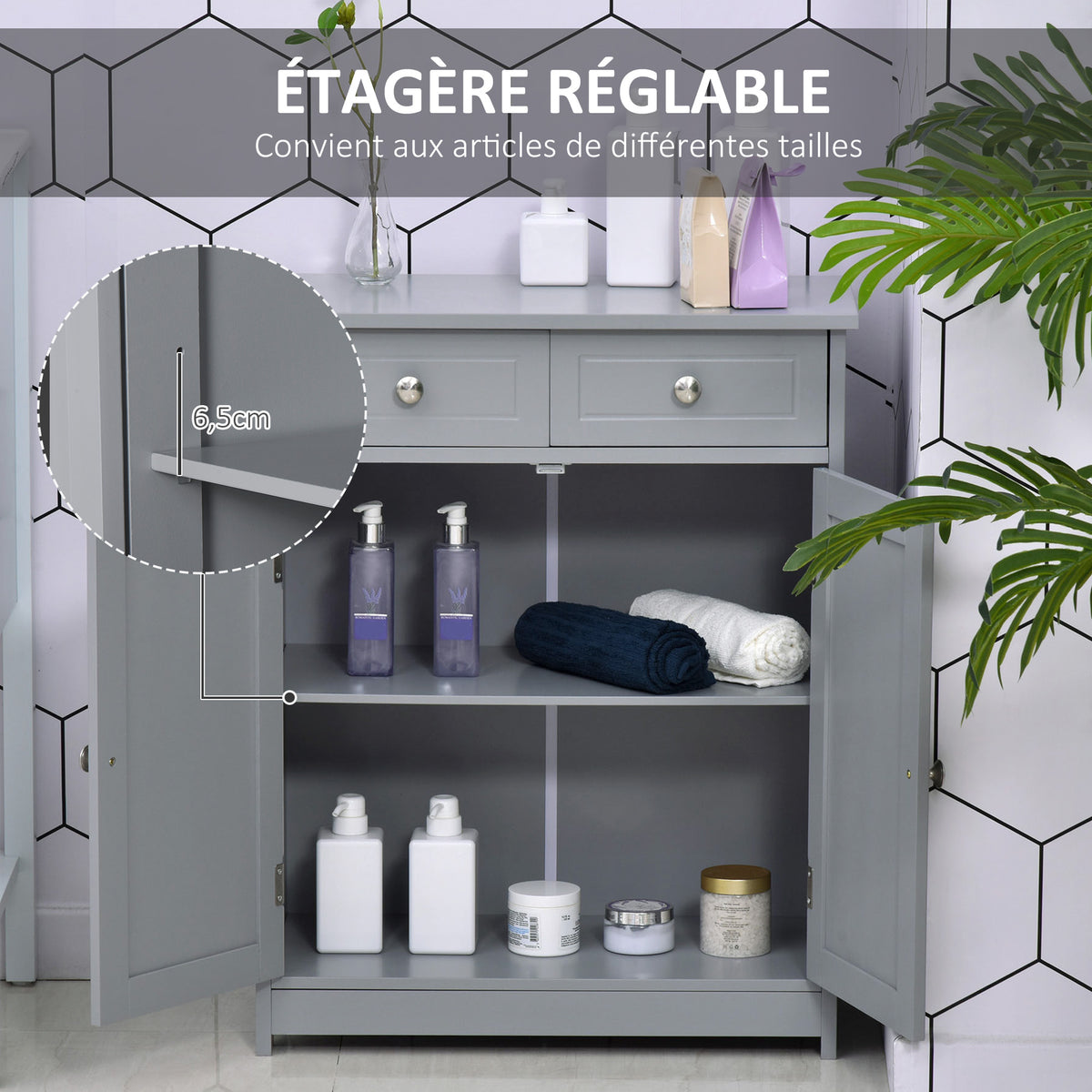 Meuble de salle de bain meuble de rangement 2 tiroirs placard double porte et étagère réglable 60 x 30 x 75 cm gris-4