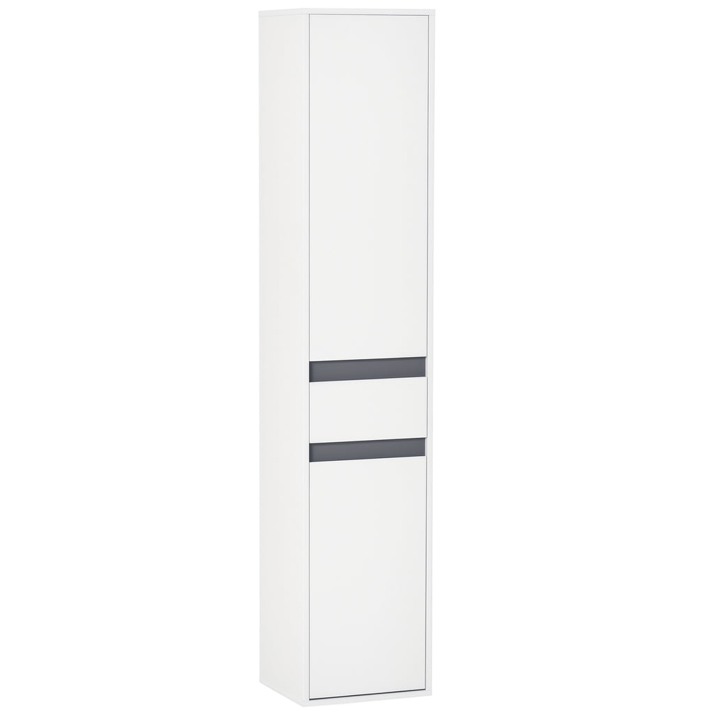 Meuble Colonne Rangement Salle de Bain Style Contemporain 2 placards 3 étagères et tiroir Coulissant Panneaux Particules Blanc-0