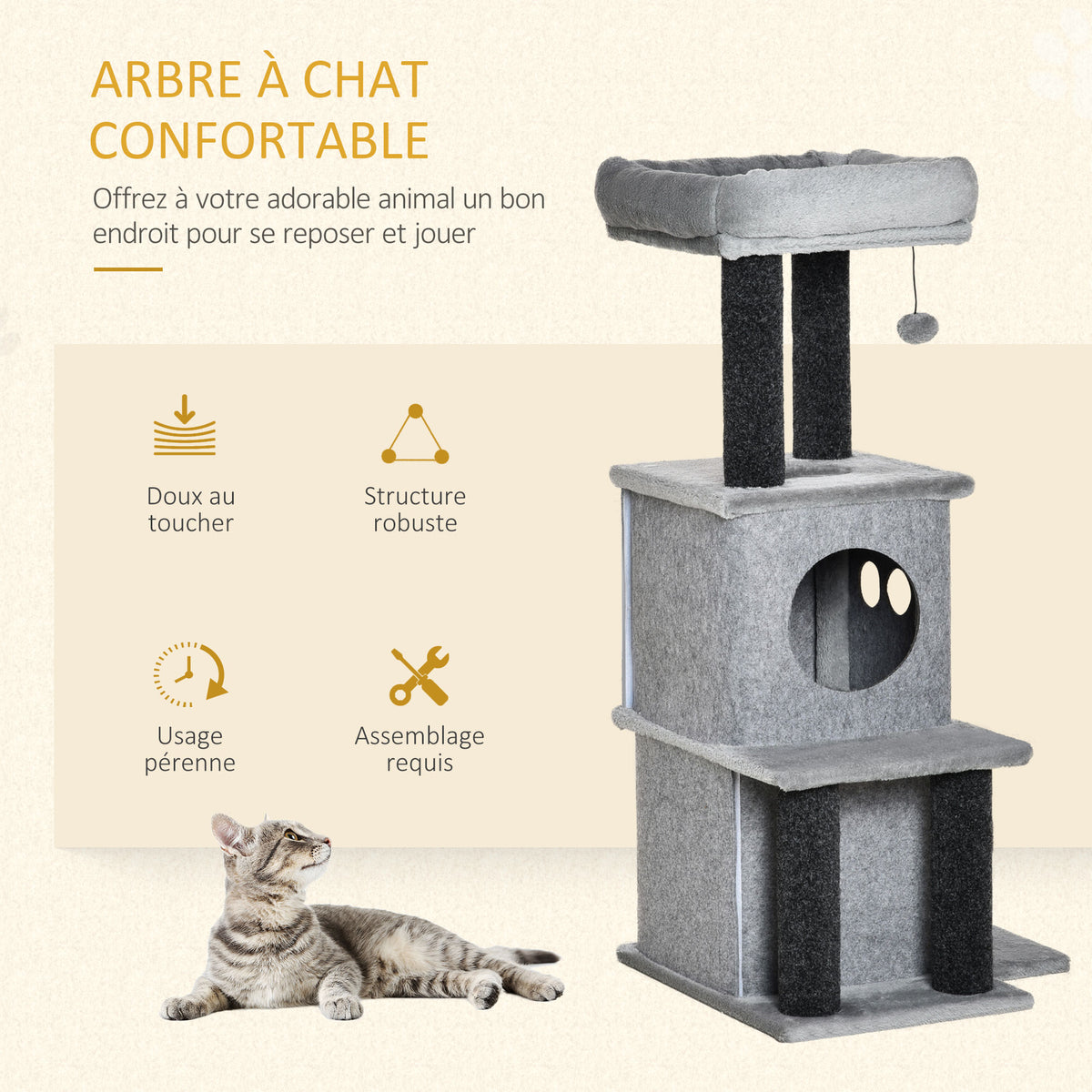 Arbre à chats design cosy chic multi-équipements centre d'activités niches plateformes lit jeu boule feutres amovibles lavables panneaux de particules peluche courte 48 x 48 x 100 cm gris-3
