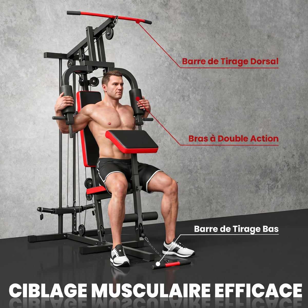 Station de Musculation Multifonction à Disques Libres, avec Banc Amovible, 136x107x205cm, Noir et Rouge-6
