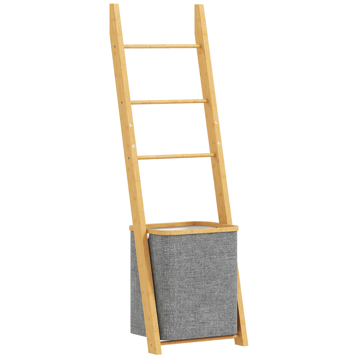 Porte-serviettes bambou avec panier à linge, échelle porte-serviettes avec 1 panier à linge, 43 x 35 x 133 cm, gris-0