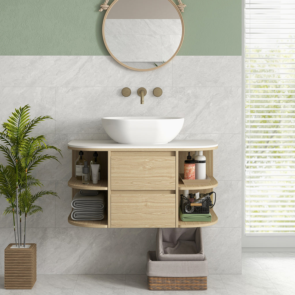 Meuble sous lavabo salle de bain suspendu meuble sous vasque avec tiroirs à fermeture douce et étagères, marron-7