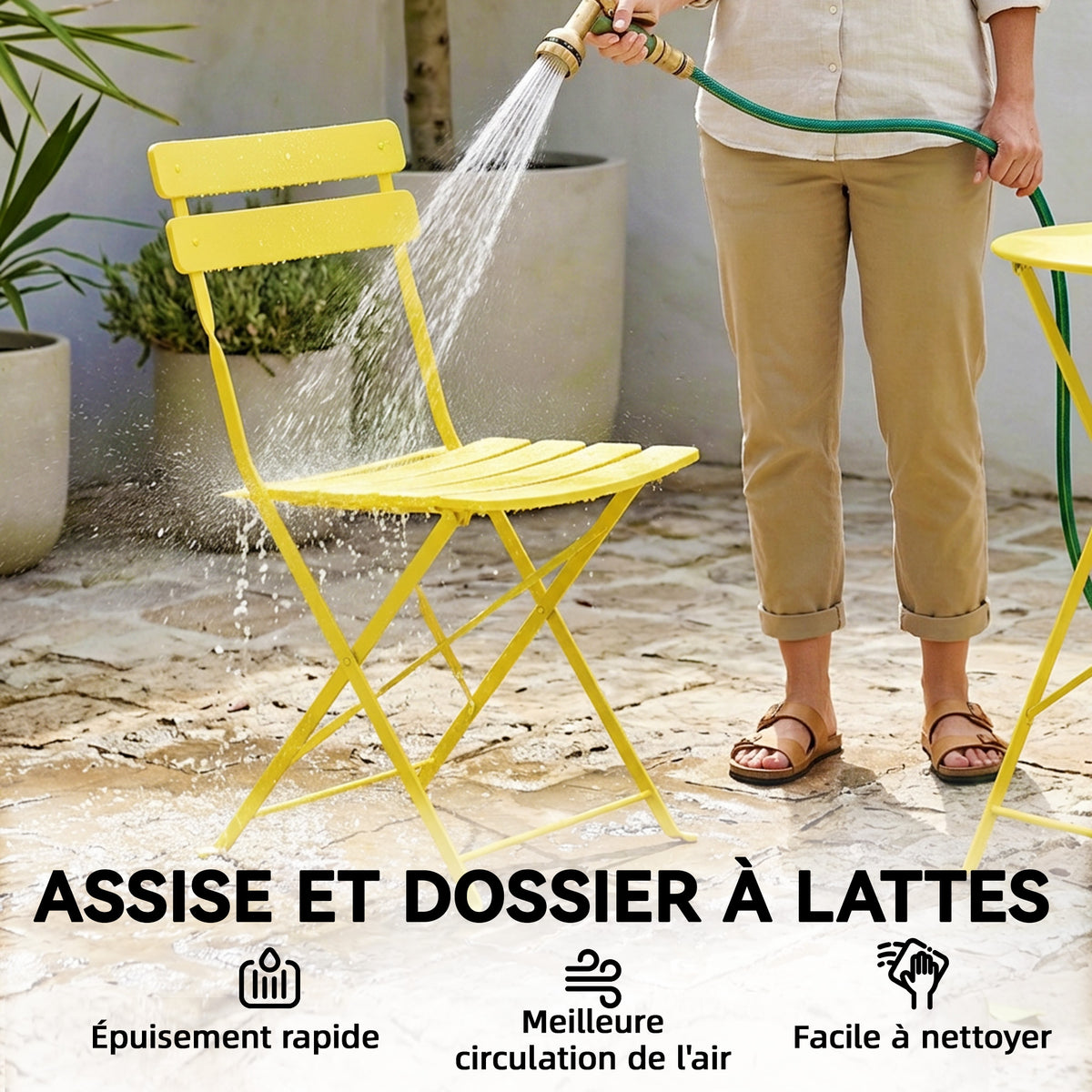 Ensemble Bistrot de Jardin 3 Pièces Table et 2 Chaises Pliantes à Lattes Double Protection Antirouille Jaune-6