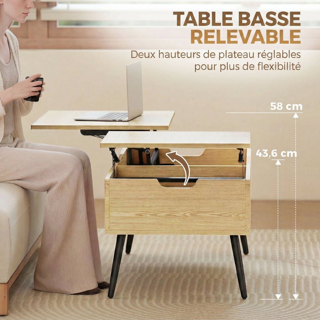 Table basse relevable avec double plateau, table de salon avec compartiment caché et pieds en métal, bois naturel-3