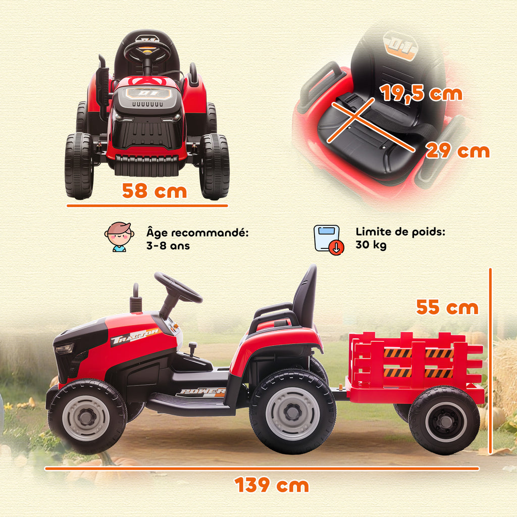 Tracteur électrique enfants avec remorque amovible, voiture électrique enfants, télécommande 2,4G, 139x58x55cm, rouge-2
