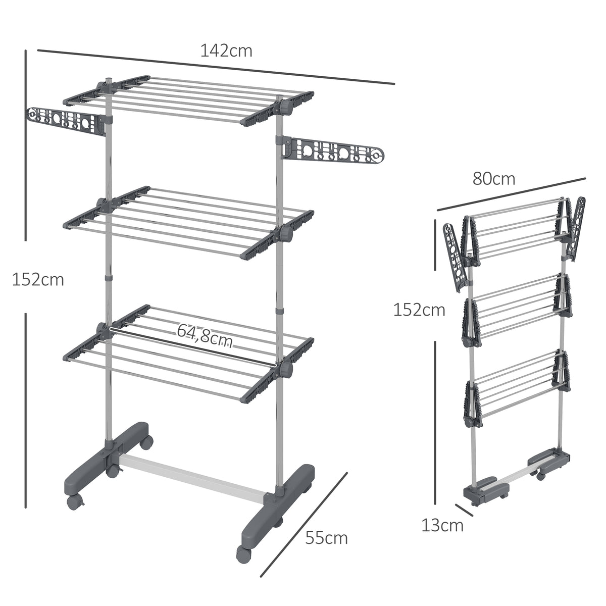 Séchoir à linge étendoir pliable ailes latérales utilisation intérieure et extérieure 3 niveaux 142 x 55 x 152 cm gris-2