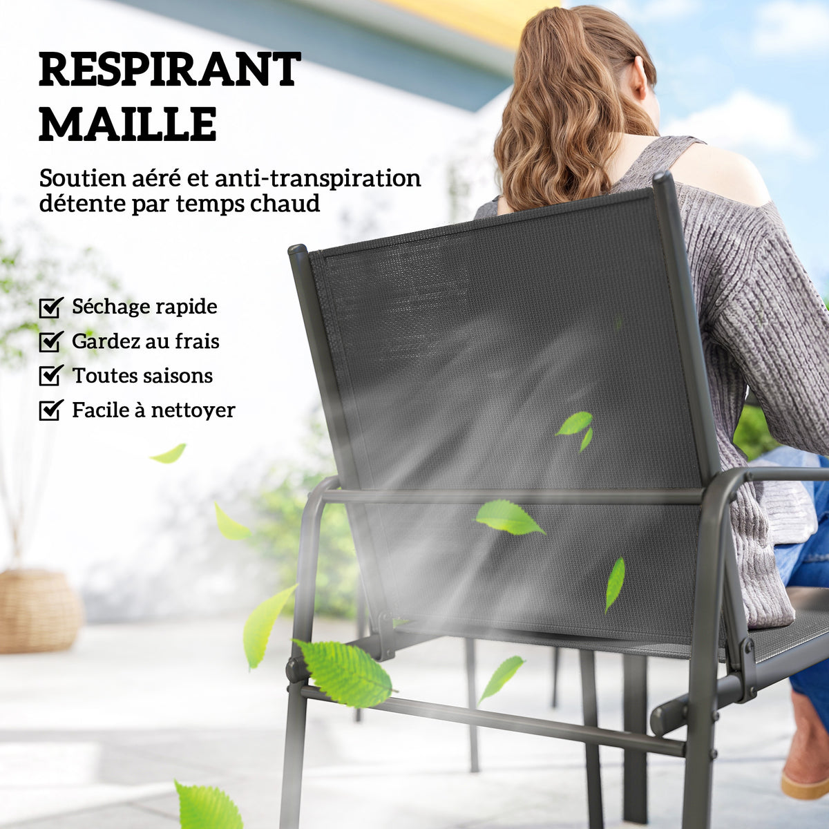 Salon de Jardin Extérieur pour 6 Personnes, Table de Patio Effet Bois et Chaises avec Assise en Maille Respirante, Cadre en Acier Galvanisé, Noir-4