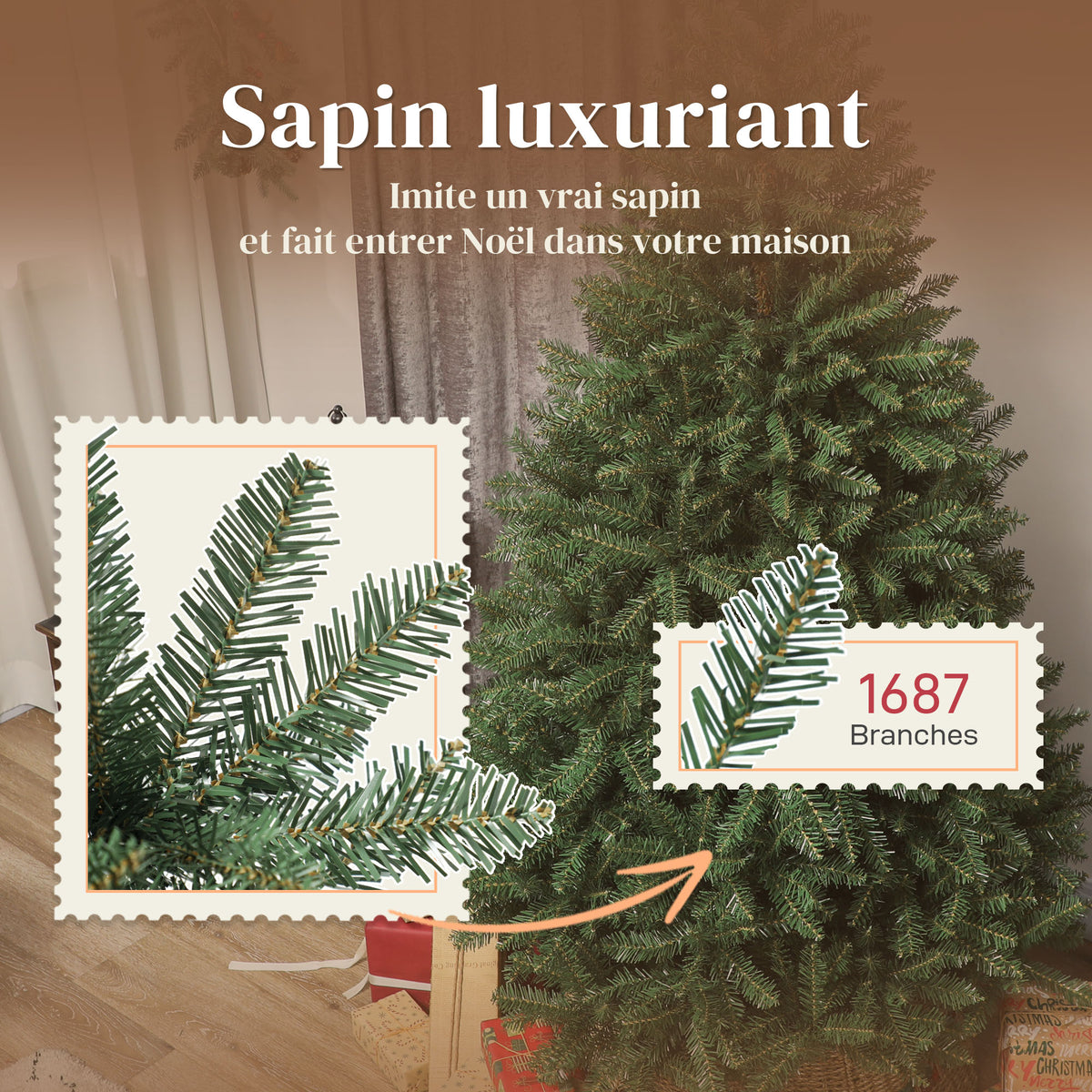 Sapin de Noël artificiel 180 cm, arbre de Noël réaliste avec 1687 pointes de branche articulée, support en métal, vert-4