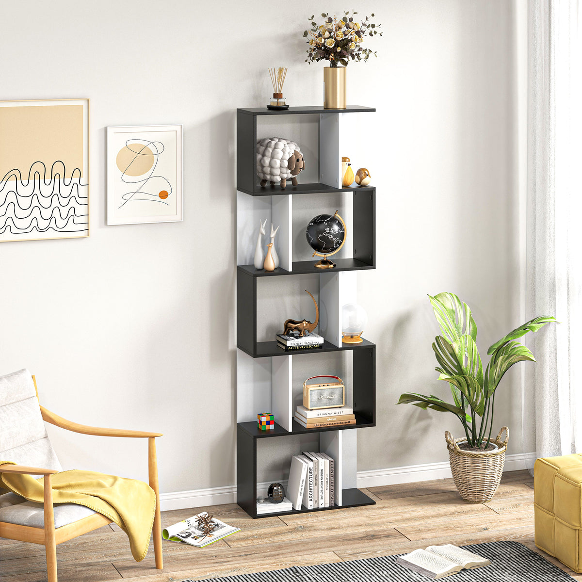 Bibliothèque à 5 niveaux, meuble de rangement en forme de S avec étagères, étagère de rangement pour salon, chambre bureau, 60 x 24 x 184,5 cm, noir, blanc-7