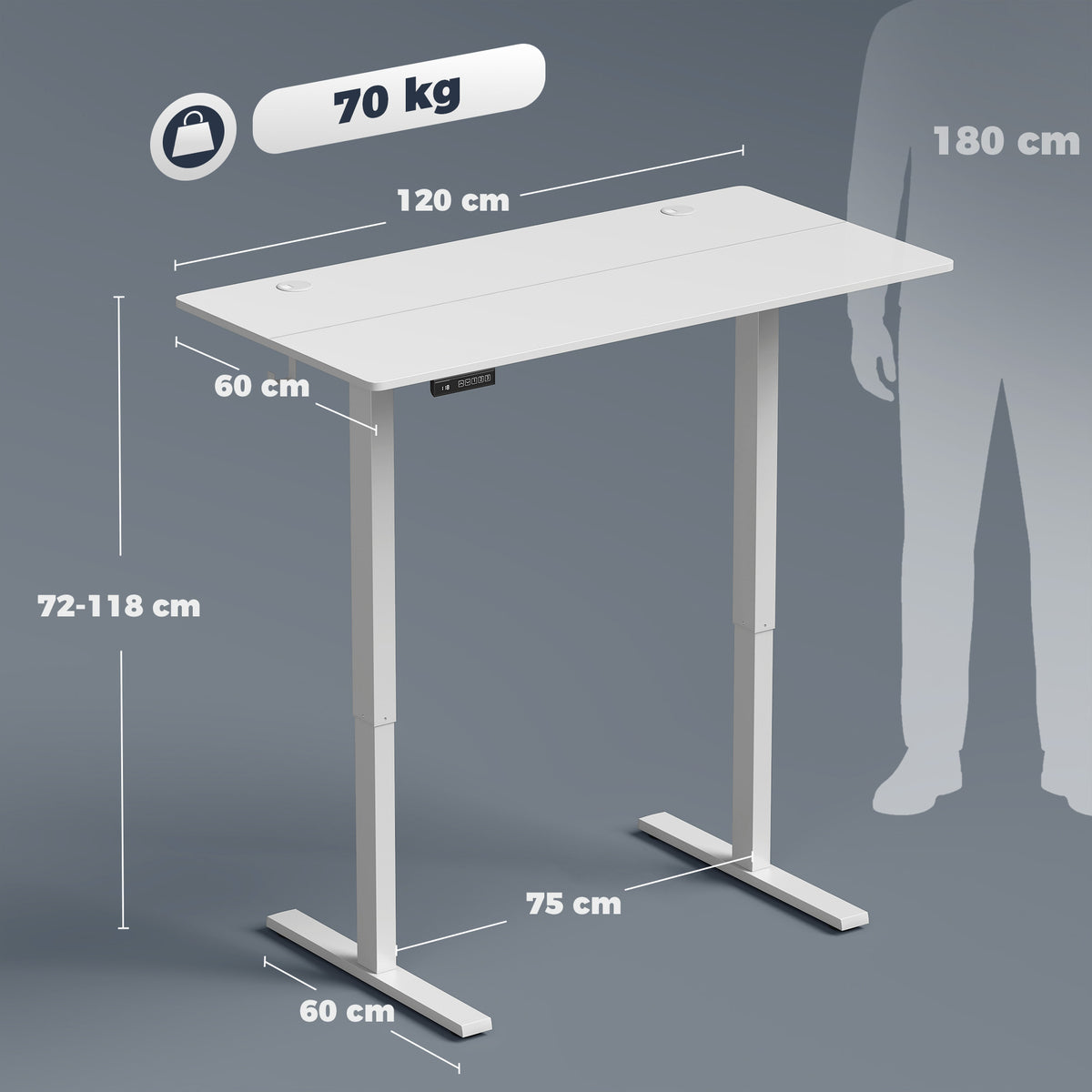 Bureau Assis Debout Électrique 120 x 60 cm, Mémoire 3 Hauteurs, Sécurité Enfant et Anti-Collision, pour Travail, Blanc-2