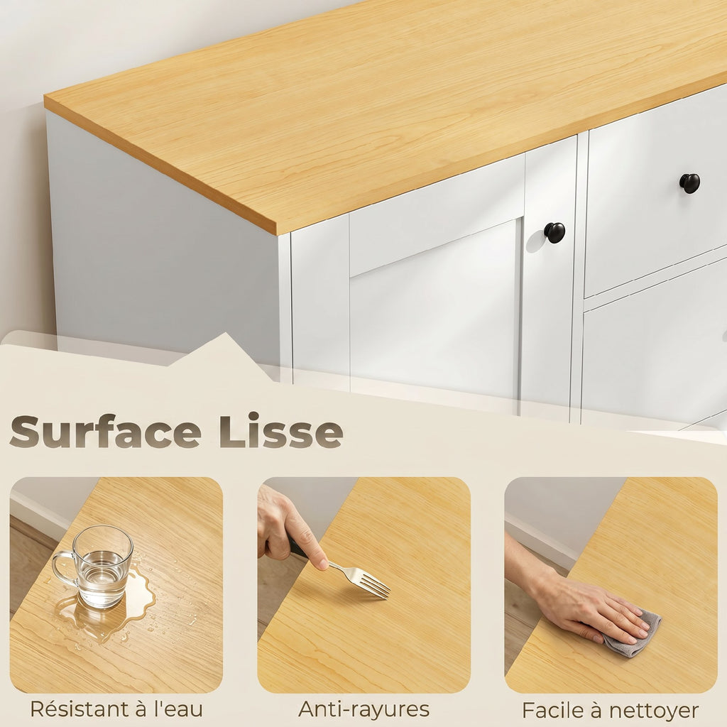Buffet Cuisine, Meuble de Rangement avec 5 Tiroirs et Porte, Style Rustique, 100 x 40 x 94 cm, Blanc-4