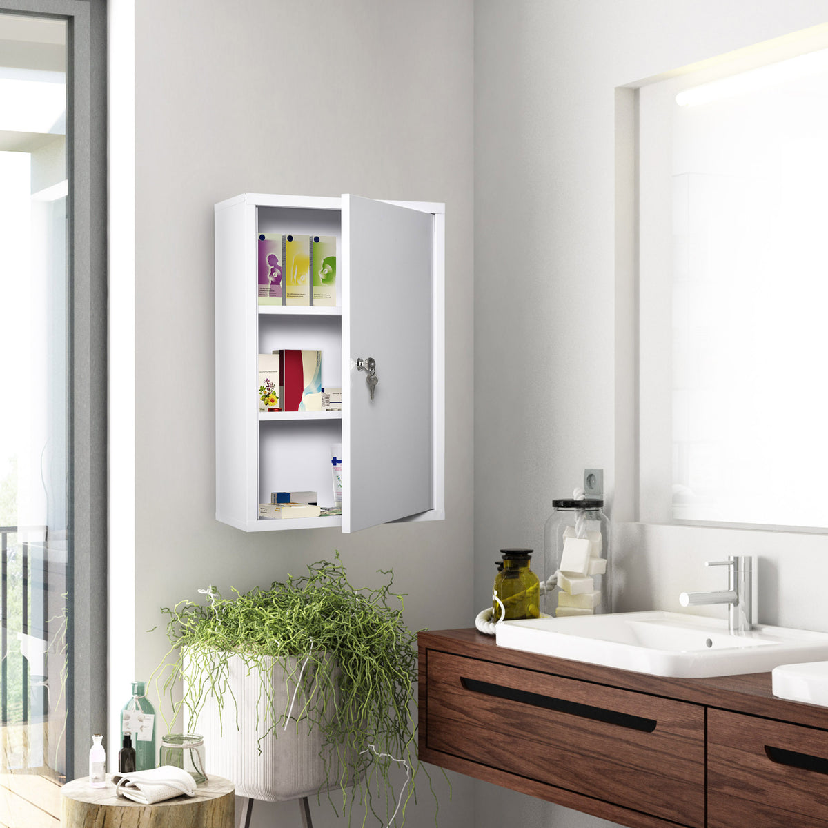 Armoire à Pharmacie 2 étagères 3 Niveaux verrouillable dim. 40L x 18l x 60H cm 2 clés métal Blanc-1