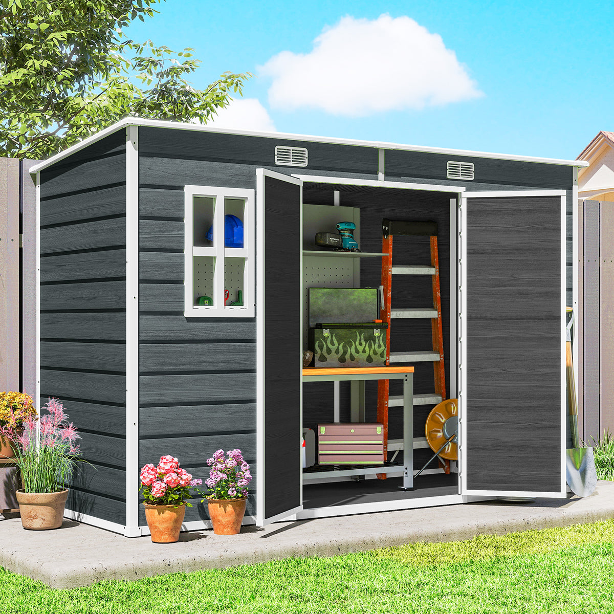Abri de jardin en plastique, avec plancher, 303 x 123 x 197 cm, effet bois gris-9