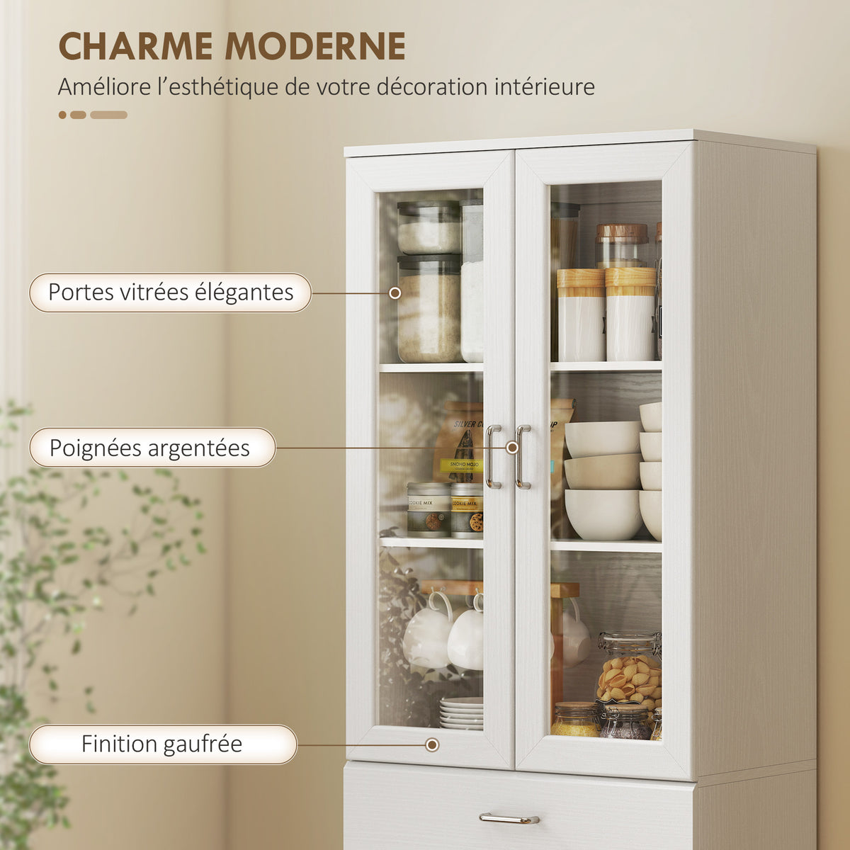 Buffet haut cuisine, armoire de cuisine, 4 portes dont 2 en verre, tiroirs, étagères réglables, 60x35x180cm, blanc-5