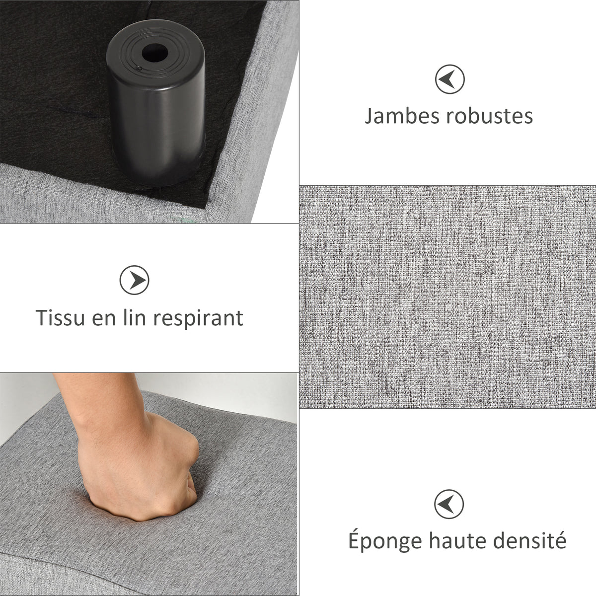 Pouf repose-pied tabouret bas en tissu de lin capacité de charge 110 Kg 40 x 30 x 24 cm gris-5