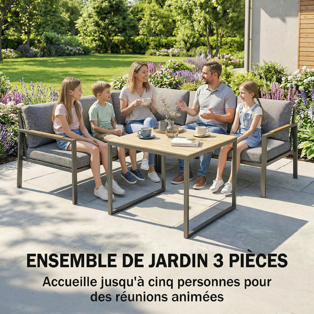 Salon de Jardin Extérieur 3 Pièces 5 Personnes, 2 Canapés avec Coussins Épais, 1 Table Basse, 183x183x72cm, Gris Foncé-3
