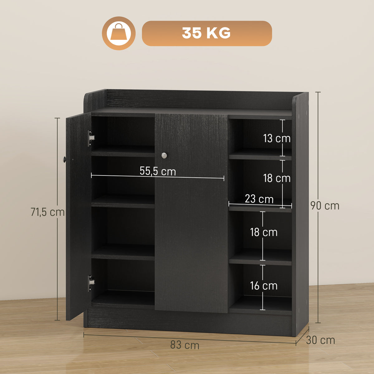 Meuble de rangement à chaussures pour entrée 12 paires - armoire à chaussures avec 4 compartiments ouverts- noir-2