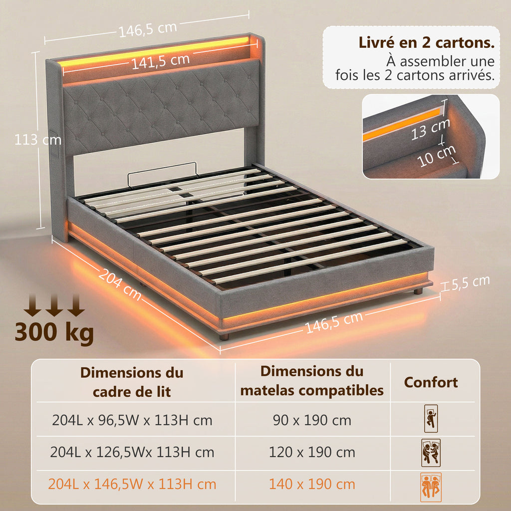 Lit coffre 140x190cm éclairage LED et station de charge cadre de lit double rembourré lin rangement hydraulique gris-2