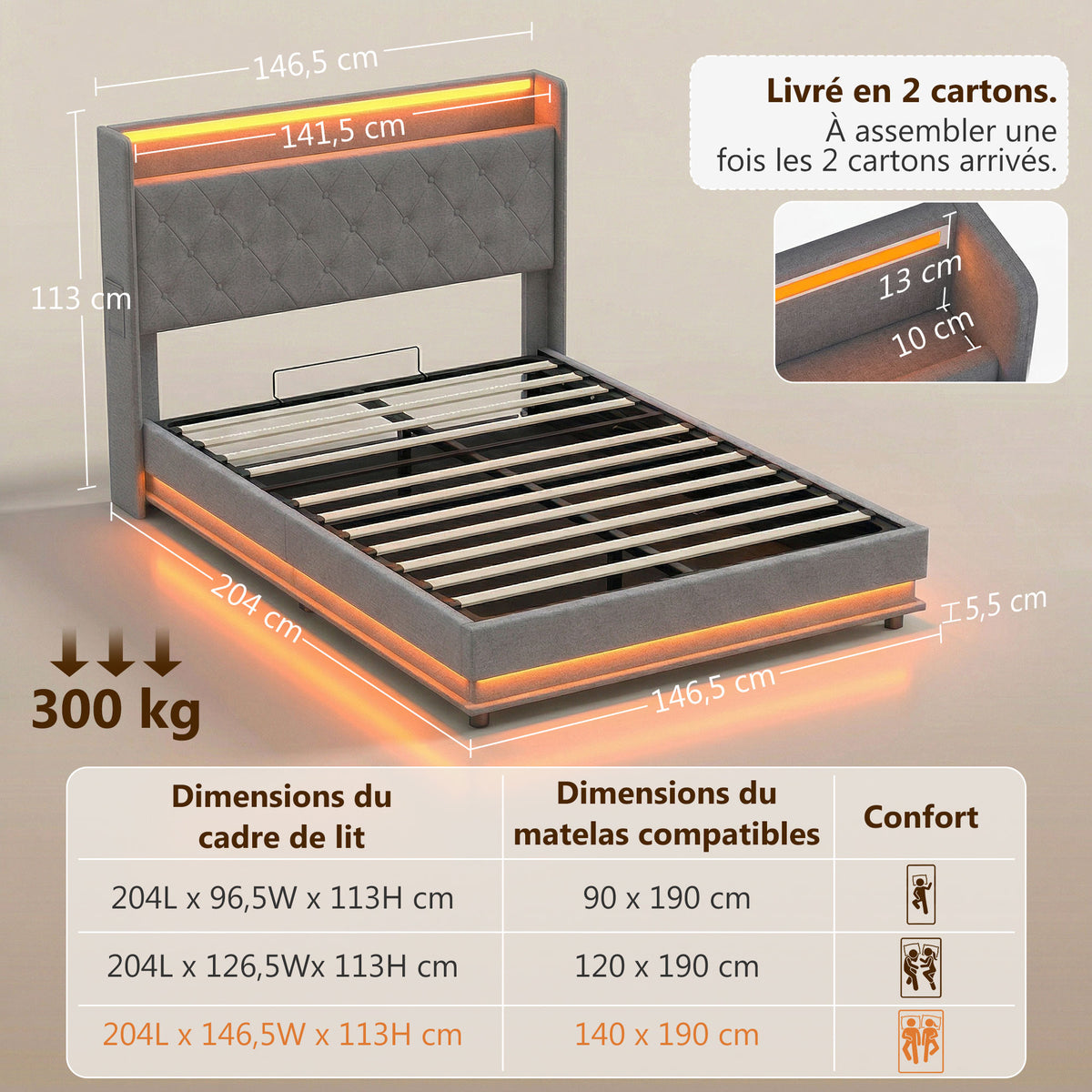 Lit coffre 140x190cm éclairage LED et station de charge cadre de lit double rembourré lin rangement hydraulique gris-2