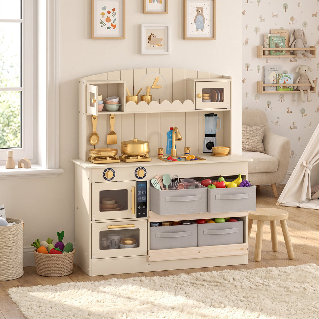 Cuisine Enfant, Cuisine en Bois Enfant Dinette, Effet Lumières et Sons, 4 Bacs en Tissu, 12 Accessoires, 3-6 Ans, Crème-8