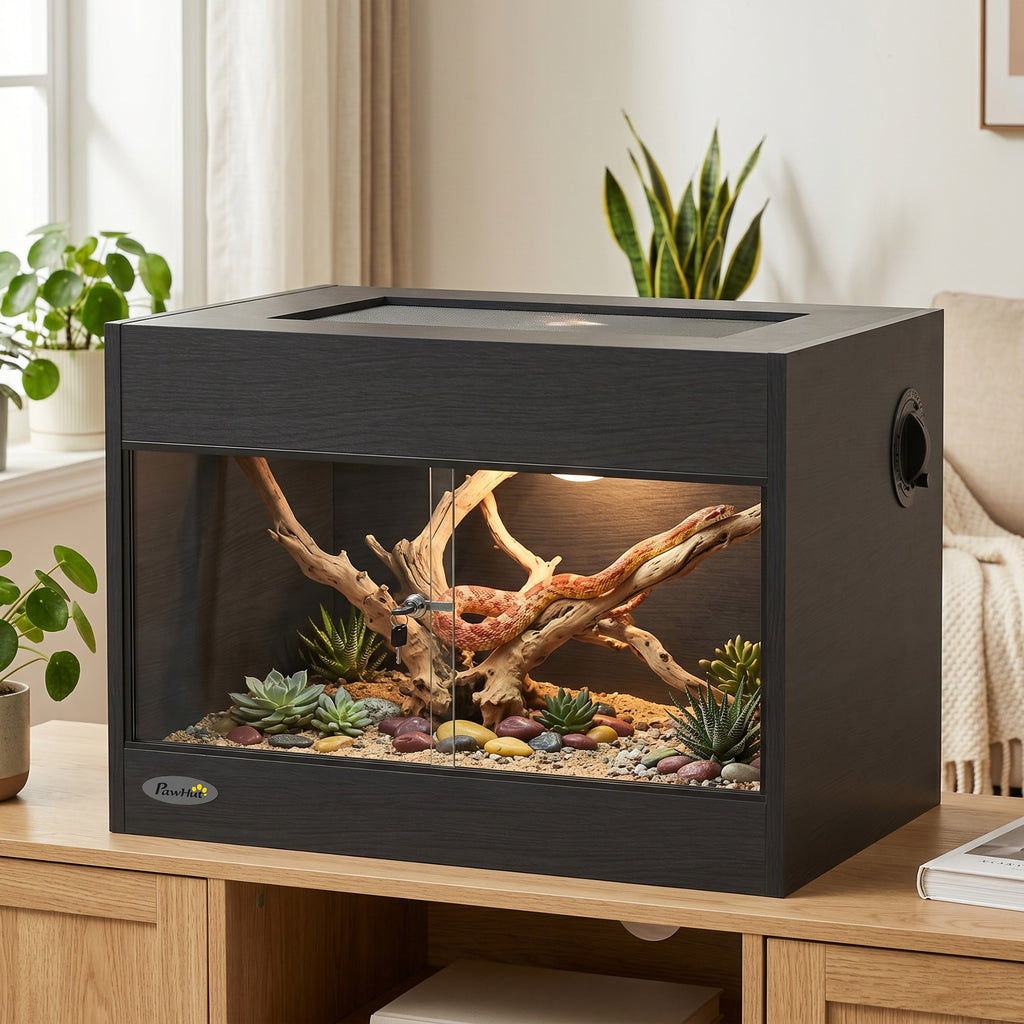 Terrarium pour Reptiles en Bois OSB, Porte en Verre Trempé, Serrure Sécurisée et Couvercle en Filet, 60x45x45cm, Noir-8