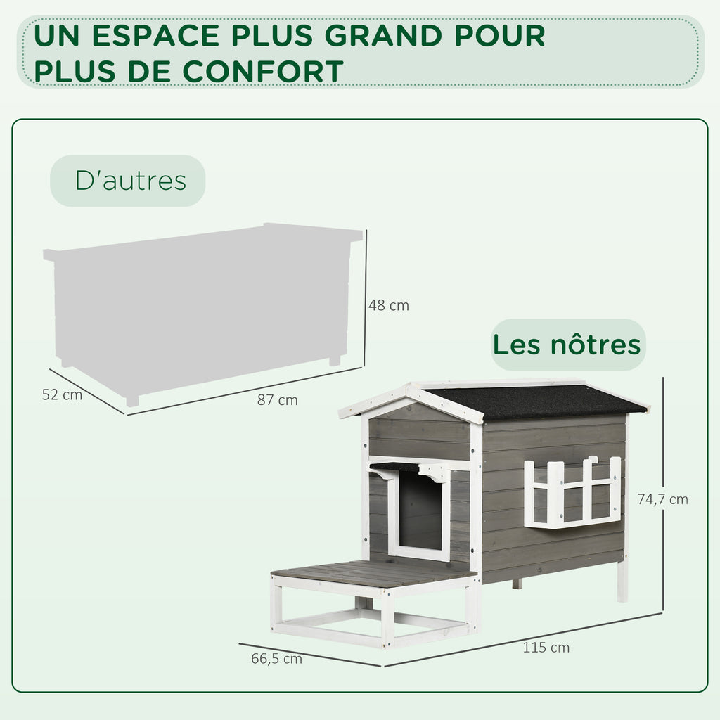 Maisonnette pour chats niche extérieure surélevé avec terrasse étanche en bois, dim. 115L x 66,5P x 74,7H cm, gris-3