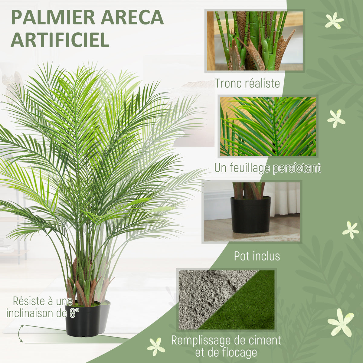 Plante artificielle intérieure 120 cm, palmier arbre artificiel avec pot en plastique et flocage, vert-3