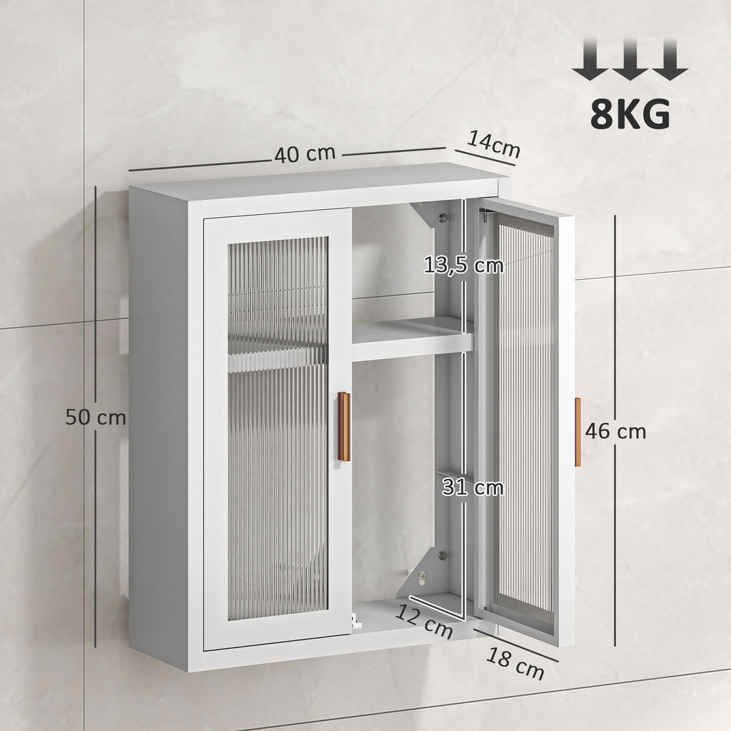 Armoire murale de salle de bain, meuble haut salle de bains avec 2 portes cannelées, étagère réglable, 40x14x50cm, blanc-2