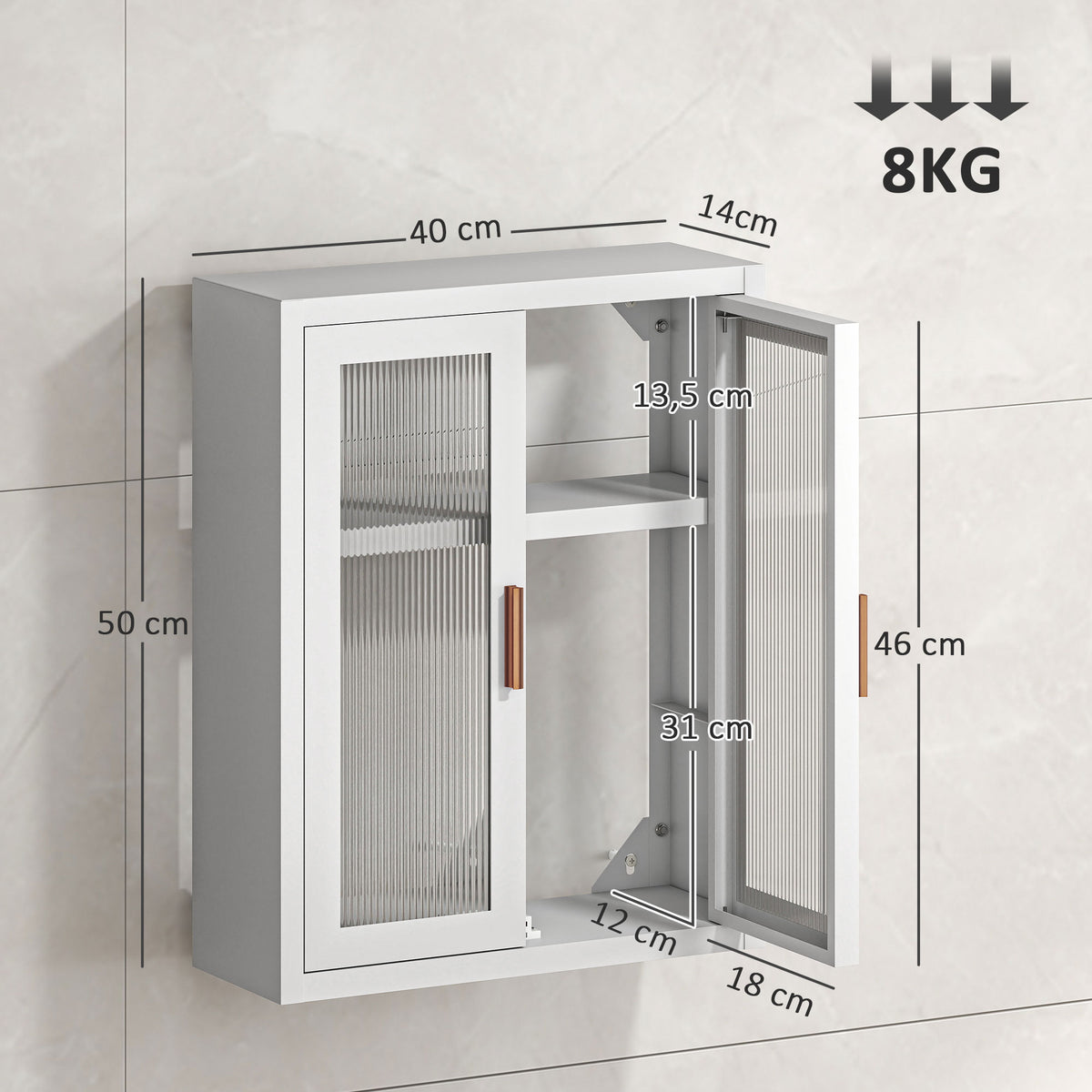 Armoire murale de salle de bain, meuble haut salle de bains avec 2 portes cannelées, étagère réglable, 40x14x50cm, blanc-2