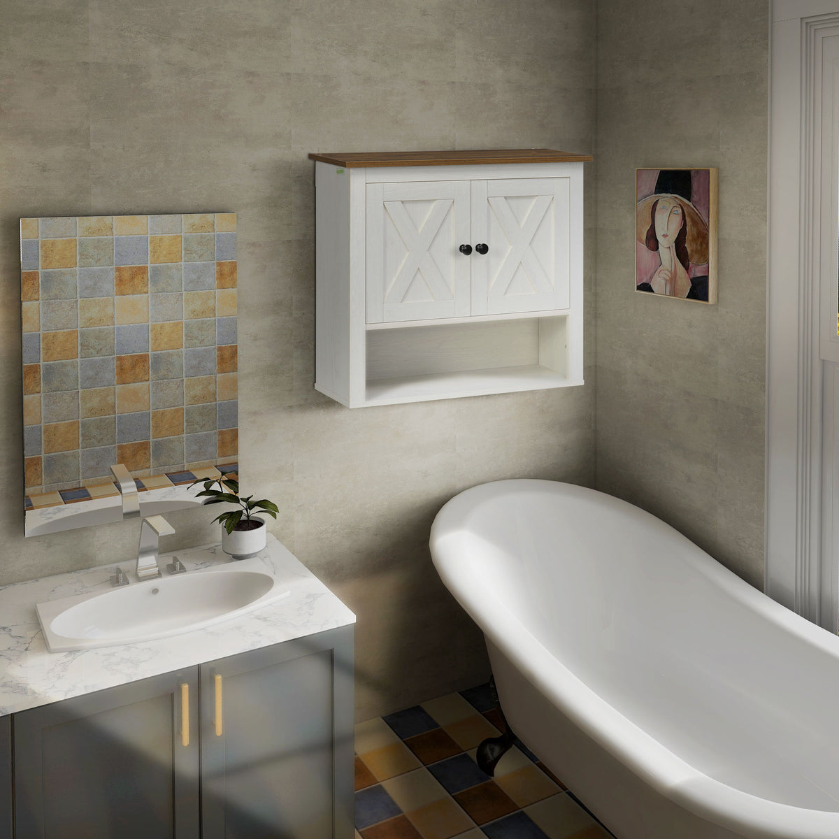 Armoire murale, armoire salle de bain avec placard à portess et compartiment ouvert, dim. 60 x 19,5 x 52,5 cm, blanc-1